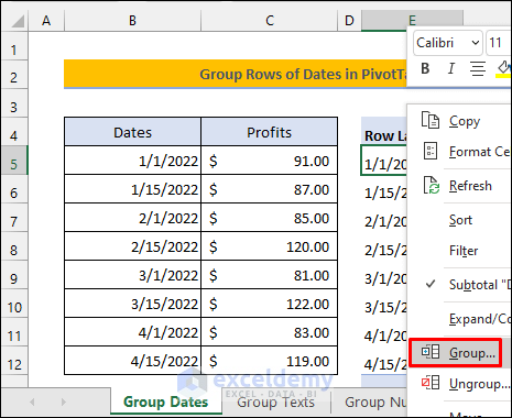Group Rows of Dates in Excel Pivot Table