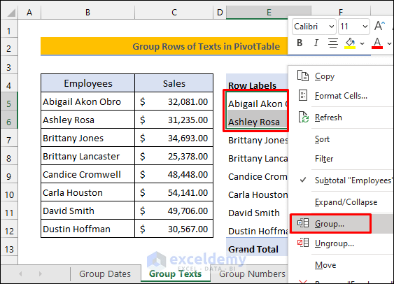 Group Rows of Texts in Excel Pivot Table