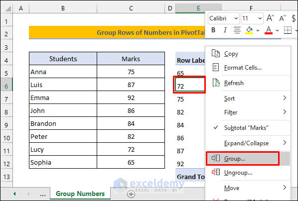 Group Rows of Numbers in Excel Pivot Table