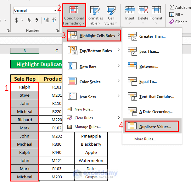 Use the Conditional Formatting Command to Highlight Duplicates but Keep One in Excel