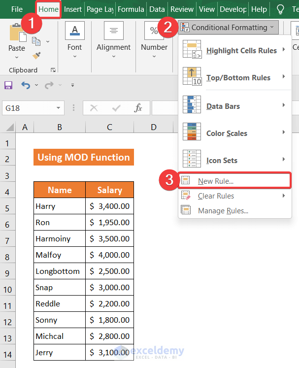 Use of MOD and ROW Functions to Highlight Every 5th Rows in Excel