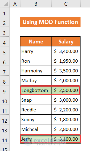 Use of MOD and ROW Functions to Highlight Every 5th Rows in Excel