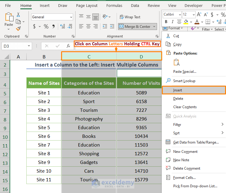 How to Insert a Column to the Left in Excel Insert Multiple Columns to the Left