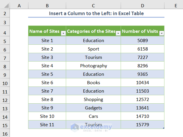 Insert a Column to the Left in Excel Table