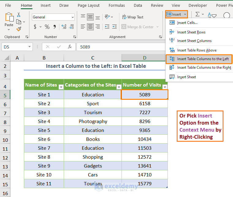 Insert a Column to the Left in Excel Table