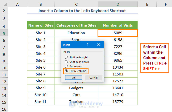 How to Insert a Column to the Left in Excel Using the Keyboard Shortcut