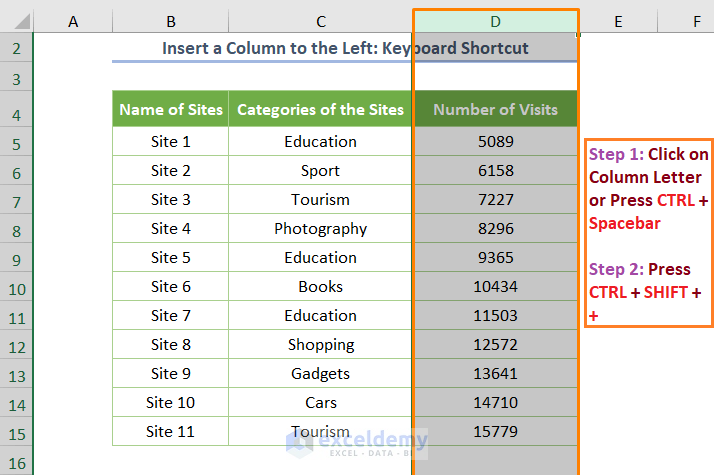 How to Insert a Column to the Left in Excel Using the Keyboard Shortcut