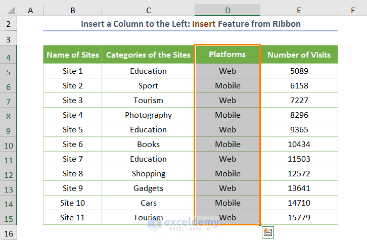 How to Insert a Column to the Left in Excel Utilizing the Insert from Ribbon