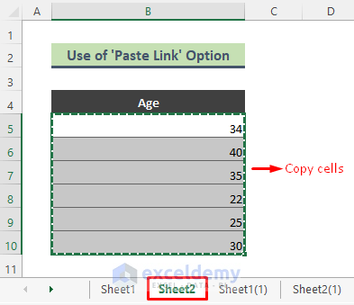 Use of ‘Paste Link’ Option to Connect Several Cells from a Different Worksheet