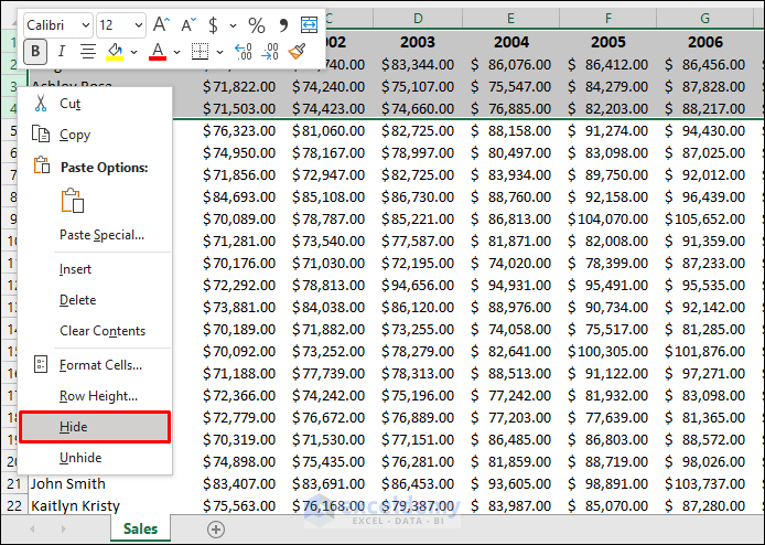 Hide Top Rows in Excel to Lock Them When Scrolling
