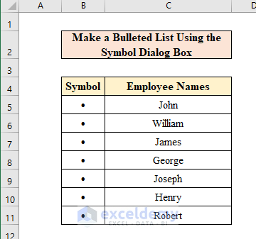 Make a Bulleted List Using the Symbol Dialog Box in Excel