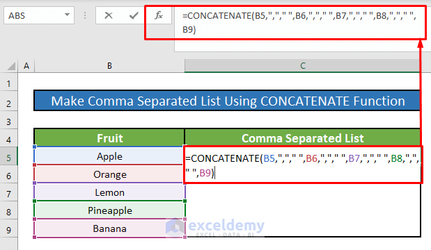 Use CONCATENATE Function to Make a Comma Separated List in Excel