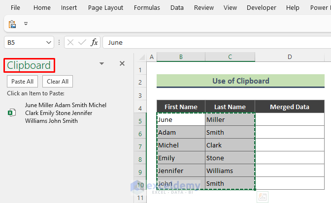 Apply Excel Clipboard to Join Several Cells without Losing Data
