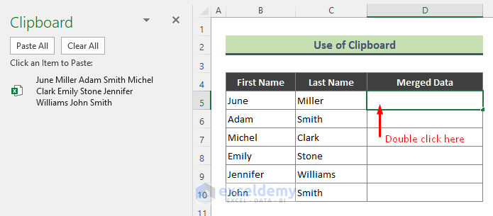 Apply Excel Clipboard to Join Several Cells without Losing Data