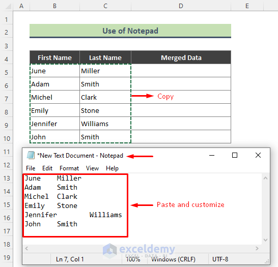 Use Notepad to Combine Multiple Cells and Avoid Data Losing in Excel