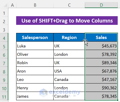 Use SHIFT+Drag to Move Columns in Excel without Overwriting