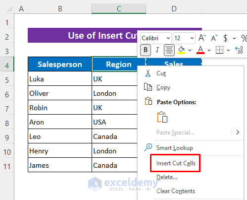Apply Insert Cut Cells in Excel to Move Columns without Overwriting
