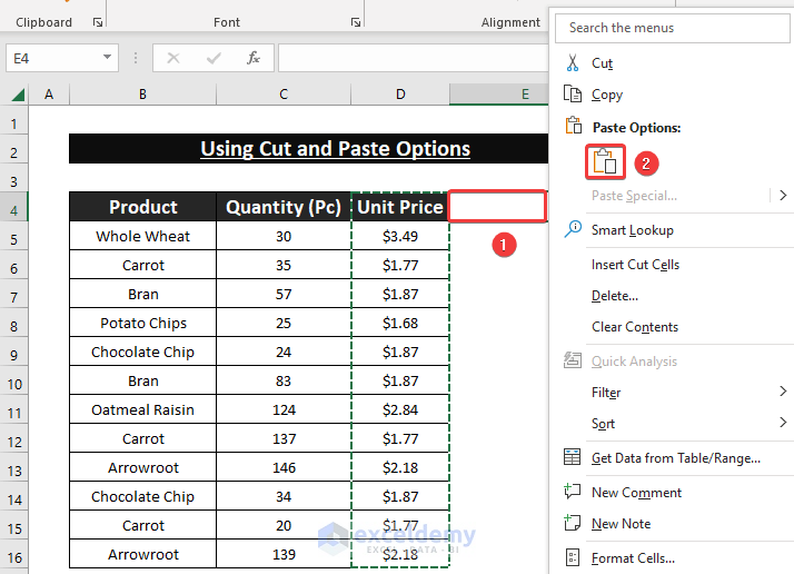 Choose Paste Option to Move Data from One Cell to Another in Excel