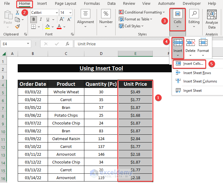 Using Insert Tool to Move Data from One Cell to Another in Excel