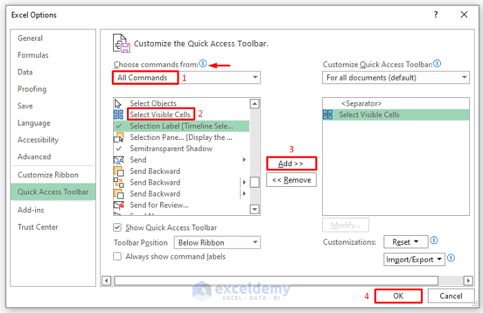 Excel Quick Access Toolbar to Shift Filtered Cells