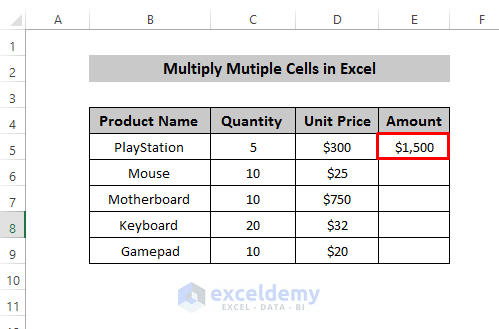Multiply Multiple Cells in Excel Using Multiplication Operator