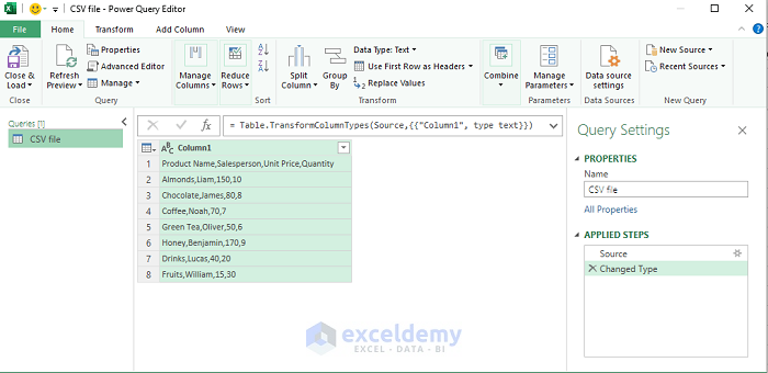 Using Power Query to Open CSV File with Columns
