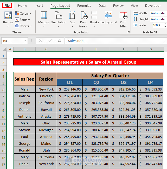 Use File Menu to Print Excel Sheet with Header on Every Page in Excel