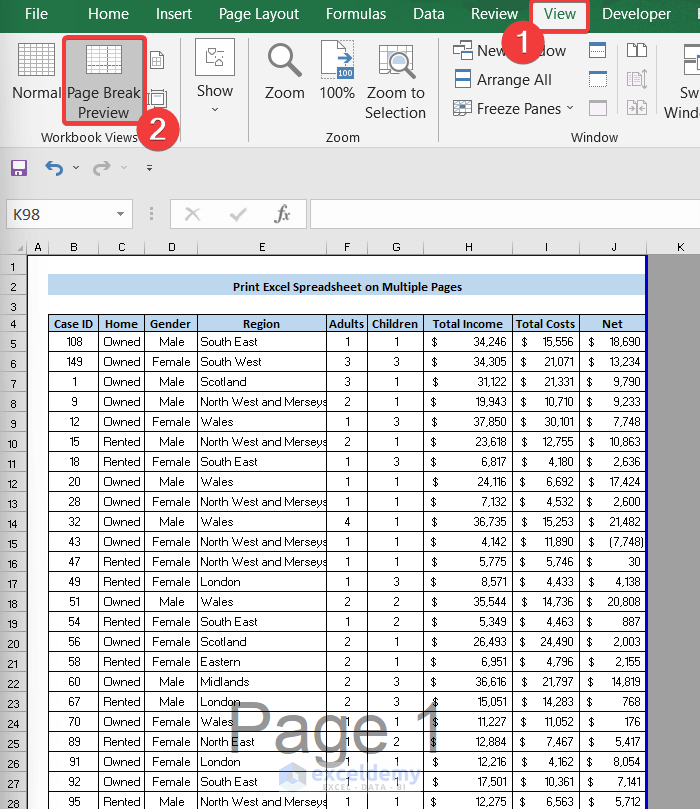 Scaling the Excel Spreadsheet to Print on Multiple Pages
