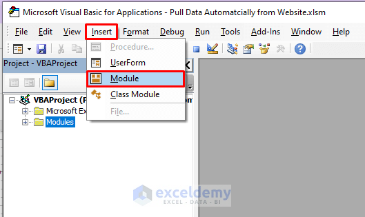 Inserting Module to Pull Data Automatically from a Website into Excel VBA