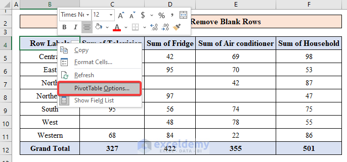 Use Pivot Table Option to Remove Blank Rows