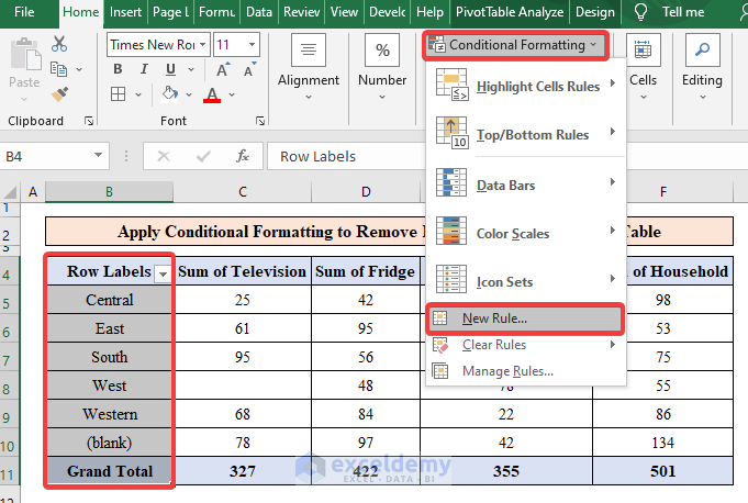 Apply Conditional Formatting to Remove Blank Rows in Excel Pivot Table