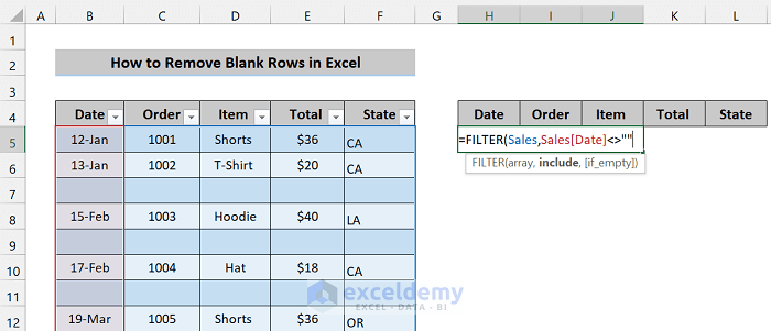 Remove Blank Rows Using Filter Function 