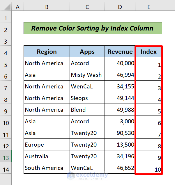 Remove Sort by Color in Excel by index column
