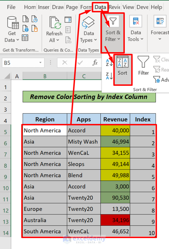 Remove Sort by Color in Excel by index column (Procedure)