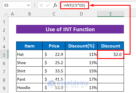 Apply INT Function in Excel to Round a Multiplication Formula
