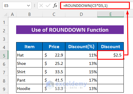 Use ROUNDDOWN Function in Excel to Round a Multiplication Formula