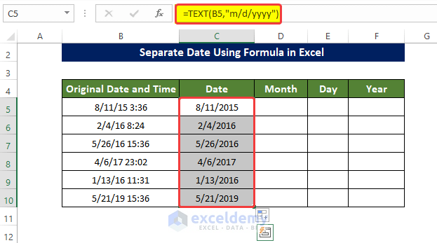 TEXT Functions to separate date in Excel