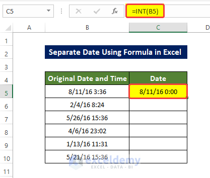 INT Functions to separate date in Excel