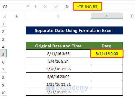 TRUNC Functions to separate date in Excel