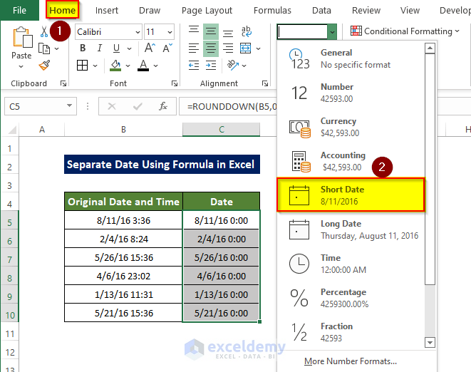 ROUNDDOWN Functions to separate date in Excel