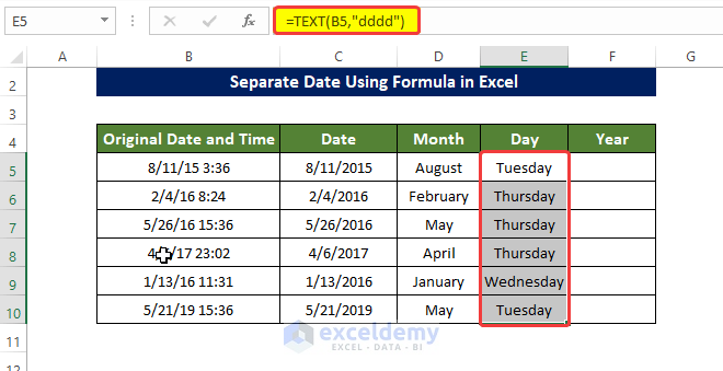 TEXT Functions to separate date in Excel