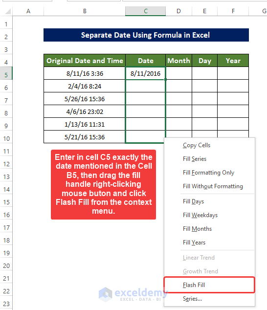 Flash Fill to Separate Date from Time to separate date in Excel