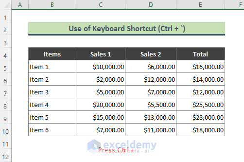Use Keyboard Shortcut (Ctrl + `) to Show All Formulas in Excel