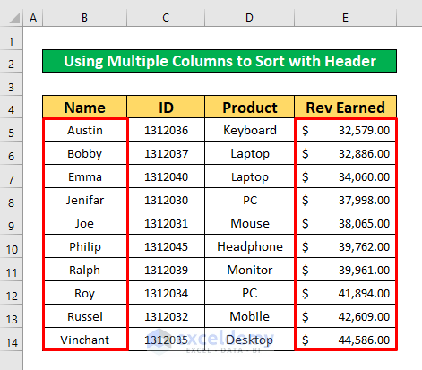 Use Multiple Columns to Sort with Header in Excel