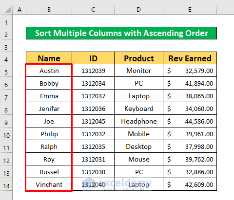 Use the Ascending Order in Excel VBA Macros to Sort Multiple Columns in Dynamic Range