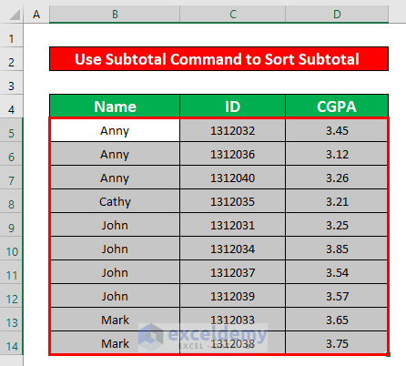 Apply Subtotal Command to Sort Subtotals in Excel