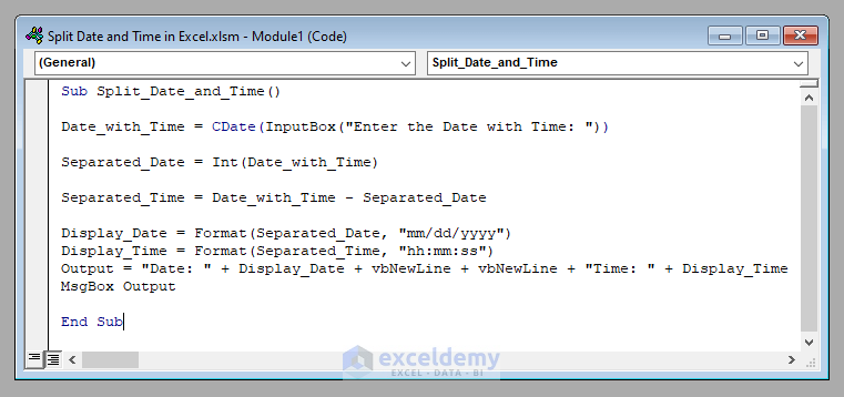VBA Code to Split Date and Time in Excel Using VBA