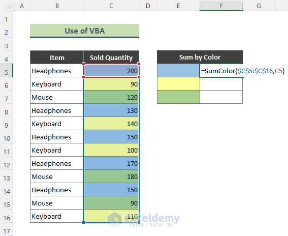 Calculate Total of Colored Cells in Columns Using VBA UDF Directly