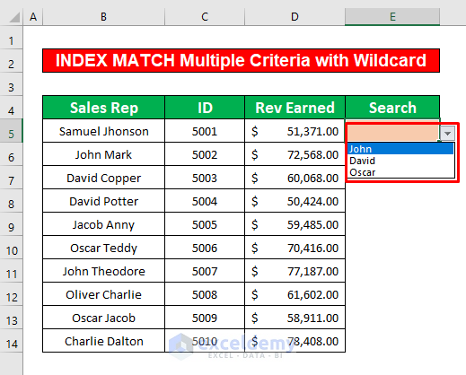 Create a Drop Down List to Apply INDEX MATCH Multiple Criteria with Wildcard