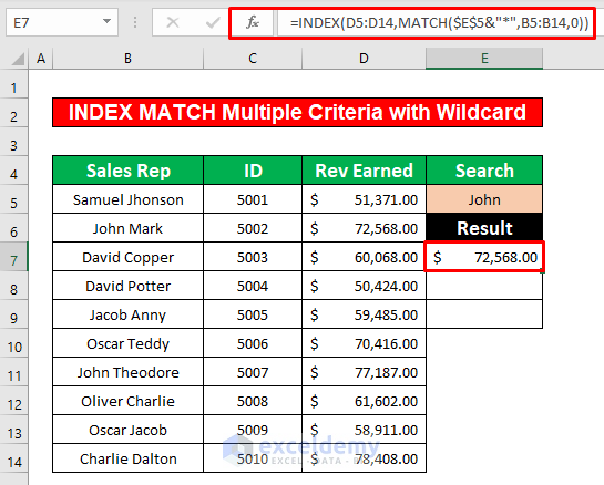 Combine INDEX and MATCH Functions Having Multiple Criteria with Wildcard in Excel